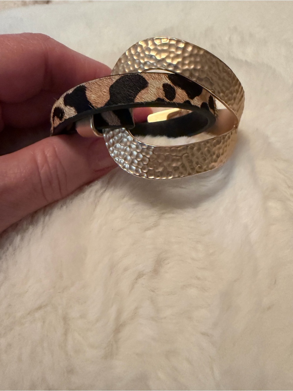 Gold Hammered Cuff Bracelet with Leopard Print Accent